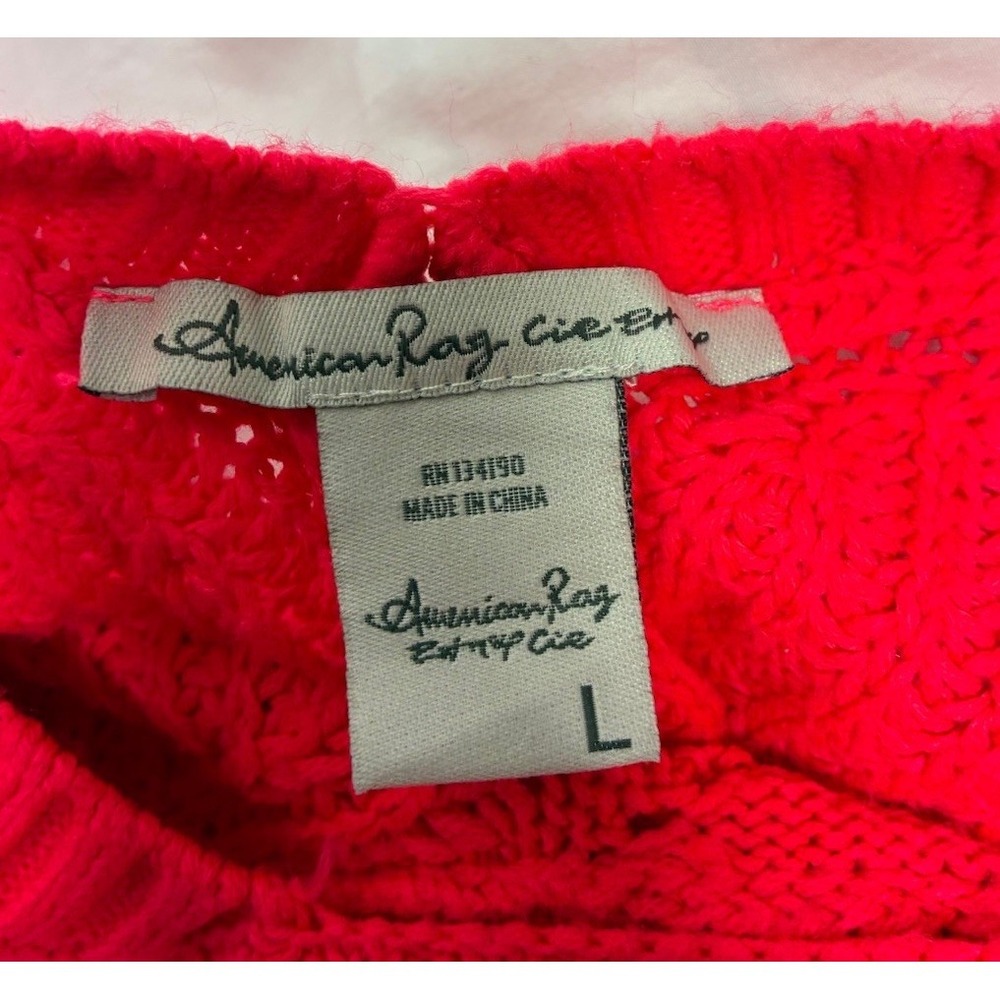 American Rag Cie Womens L Neon Pink Cable Knit Fringe Sweater Mock Neck Sz. L - Picture 2 of 6